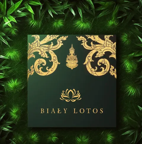 White Lotus Oriental-style cover inspired by Buddhism. Golden ornaments with a lotus on green background and the title 'Biały Lotos'