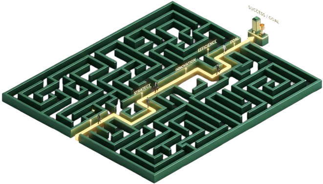 Solving problems and delivering results along the shortest path, without wandering. An isometric green business maze with a straight, glowing golden path cutting directly through the center to the goal, bypassing all dead ends.