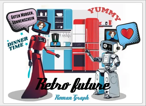 Retro Future Retro-futuristic illustration of a kitchen scene with robots and comic-style text, inspired by the movie 'Fantastic Four'.